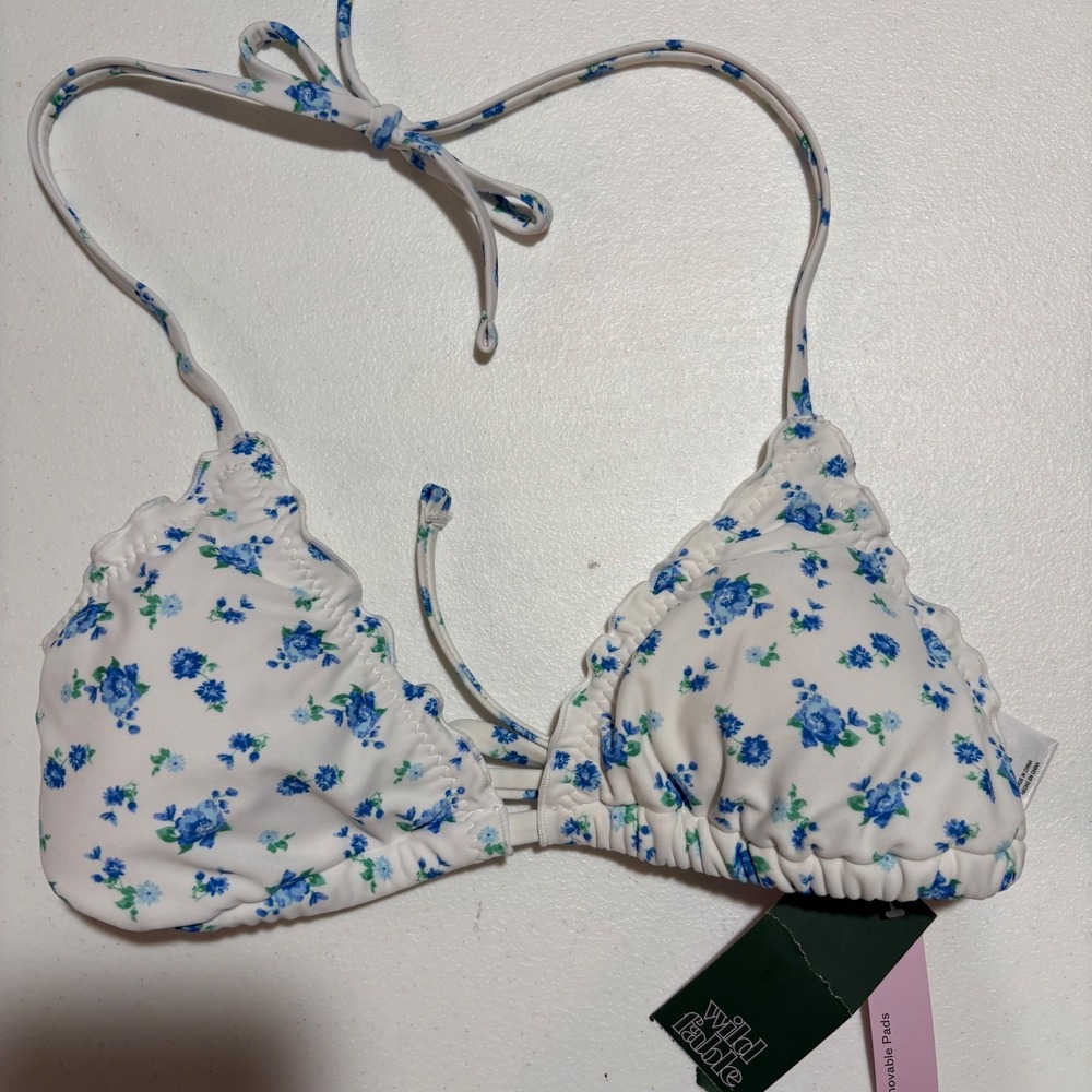 Wild Fable Blue Floral Triangle Bikini Top XXS White‎ Scalloped Removable Pads